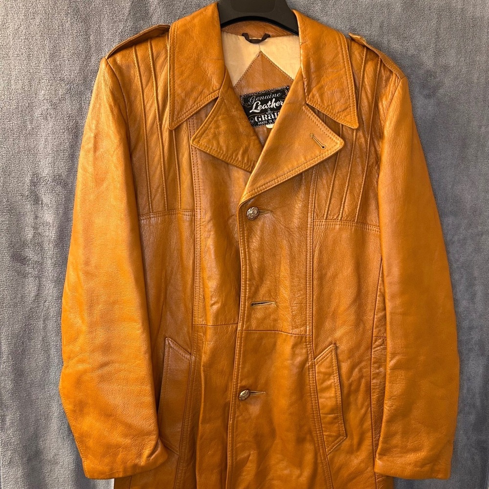 Vintage 70s Grais Genuine Leather USA Mens 40 Reg Brown Jacket Tan Gold Buttons